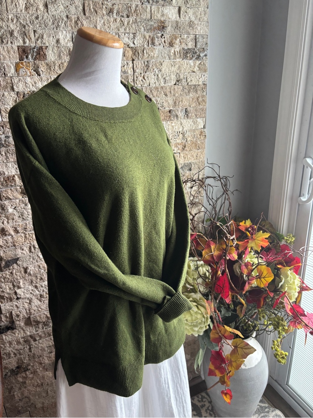 LOFT Olive Green Crewneck Sweater with Shoulder Buttons